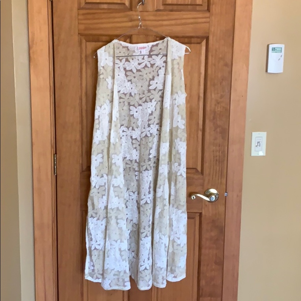 Lularoe long white and gold flowered vest